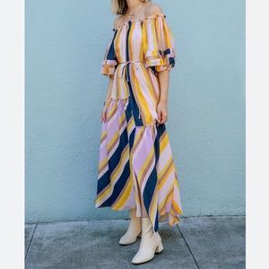 Apiece Apart Sandrine Dress / Stripe Linen & Silk Off the Shoulder Dress